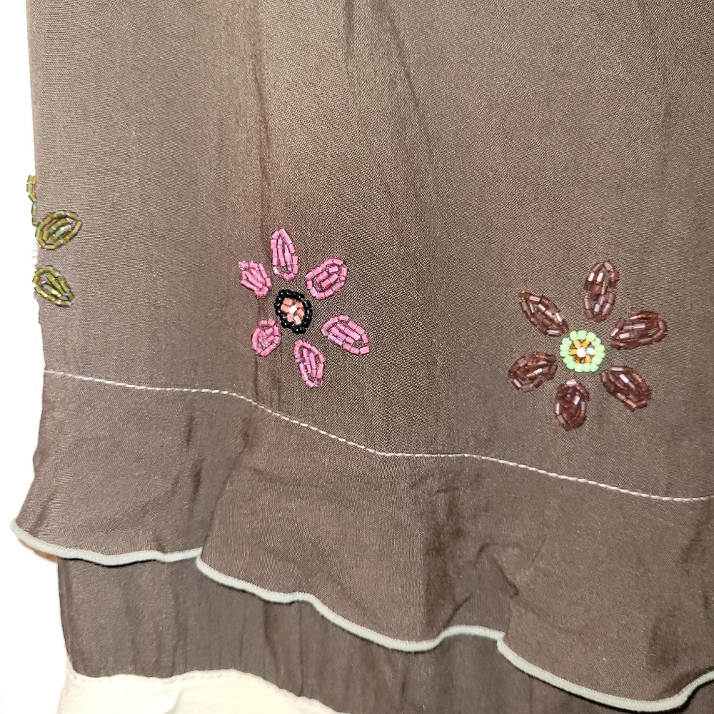 Cordelia Tiered Boho Flower Beaded Brown And Tan Maxi Skirt Size S Cottage core - Picture 6 of 8